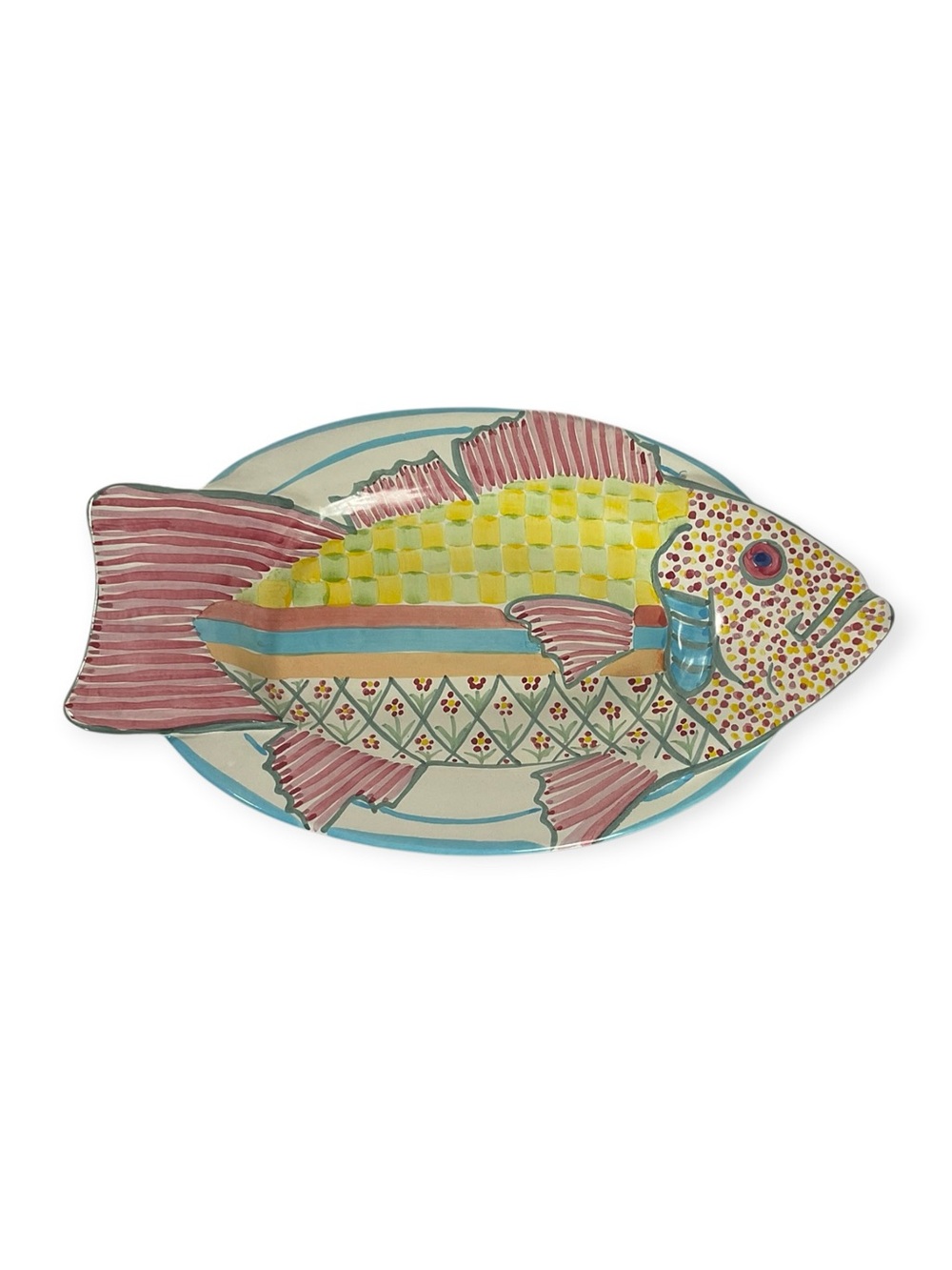 1995 MacKenzie-Childs Vintage Fish Story Hand Painted Ceramic Platter 15”